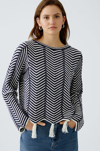 Oui Chevron Knit Jumper with Tassels Blue White - MMJs Fashion