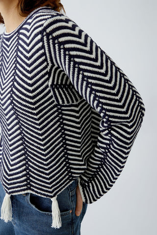 Oui Chevron Knit Jumper with Tassels Blue White - MMJs Fashion