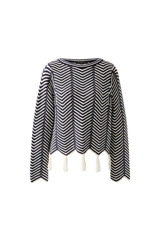 Oui Chevron Knit Jumper with Tassels Blue White - MMJs Fashion