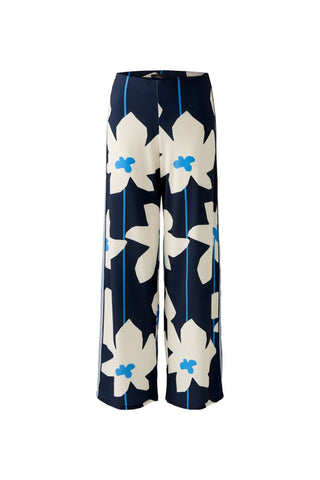 Oui Floral Print Wide Leg Trousers Navy Blue Ivory - MMJs Fashion