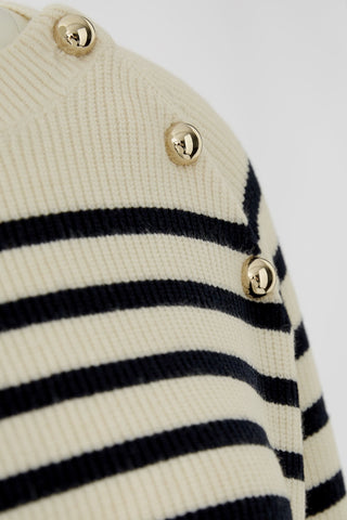 Oui Gold Button Striped Jumper Ivory Blue - MMJs Fashion