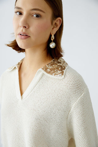 Oui Gold Sequin Collar Jumper Ivory - MMJs Fashion