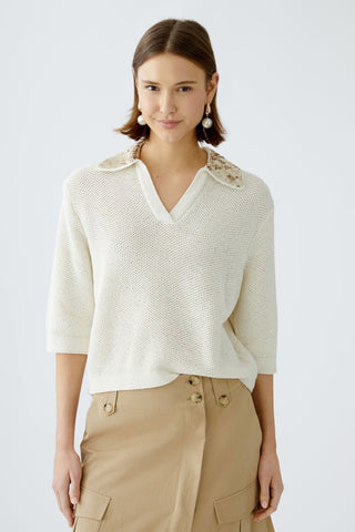 Oui Gold Sequin Collar Jumper Ivory - MMJs Fashion