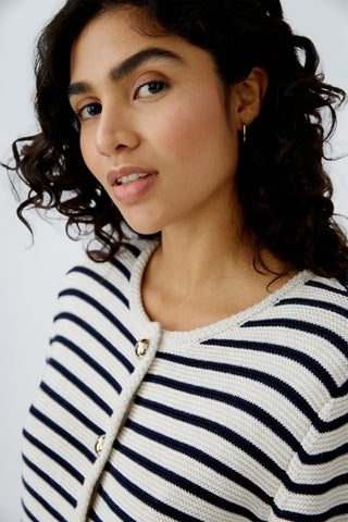 Oui Striped Cardigan Ivory Navy Blue - MMJs Fashion