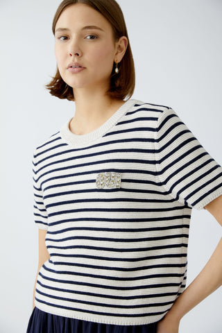 Oui Striped Short Sleeved Jumper Ivory Blue - MMJs Fashion