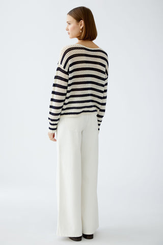 Oui Textured Knit Striped Jumper Ivory Blue - MMJs Fashion