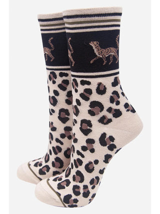 Sock Talk Cheetah Print Bamboo Socks Cream Black - MMJs Fashion