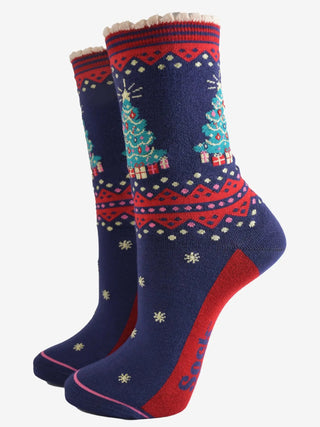 Sock Talk Christmas Tree Sock Gift Box Set Navy Cream Red - MMJs Fashion