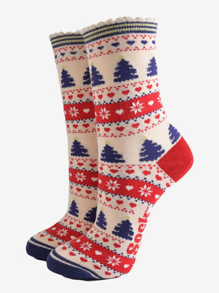 Sock Talk Christmas Tree Sock Gift Box Set Navy Cream Red - MMJs Fashion