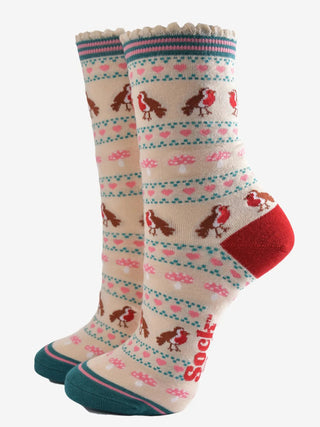 Sock Talk Festive Robins Sock Gift Box Set Cream Red - MMJs Fashion