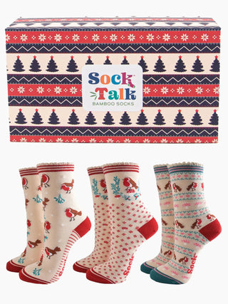 Sock Talk Festive Robins Sock Gift Box Set Cream Red - MMJs Fashion