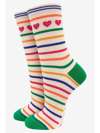 Sock Talk Heart and Stripe Bamboo Socks Cream Multicoloured - MMJs Fashion