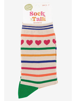 Sock Talk Heart and Stripe Bamboo Socks Cream Multicoloured - MMJs Fashion