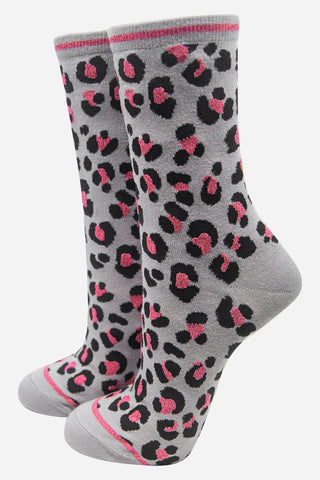 Sock Talk Leopard Print Bamboo Socks Grey Pink - MMJs Fashion