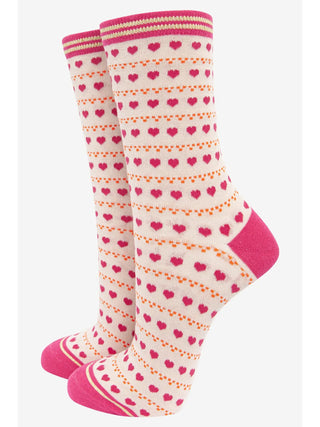 Sock Talk Love Heart Dot Print Bamboo Socks Pink Cream - MMJs Fashion