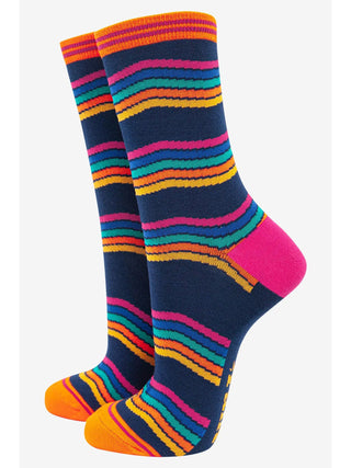 Sock Talk Rainbow Stripe Bamboo Socks Blue Multicoloured - MMJs Fashion