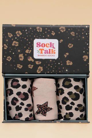 Sock Talk Star and Cheetah Sock Gift Box Set Cream Black - MMJs Fashion