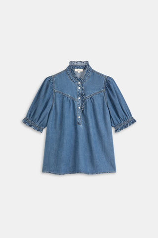 Suncoo Chambray Frill Edge Top Blue Louise - MMJs Fashion