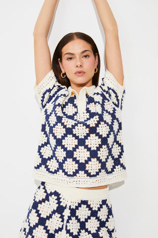 Suncoo Crotchet Top with Collar Blue Ivory Perisol - MMJs Fashion