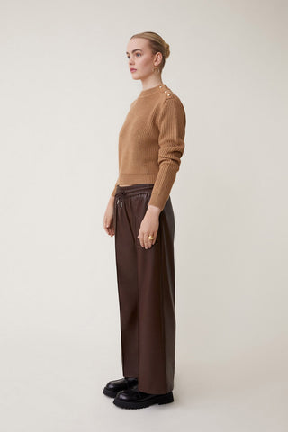 Suncoo Faux Leather Wide Leg Trousers Brown Johan - MMJs Fashion