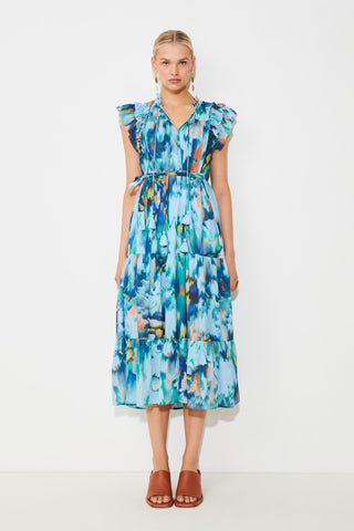 Suncoo Print Tiered Midi Dress Turquoise Calipso - MMJs Fashion