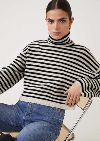 Suncoo Stripe Roll Neck Jumper Beige Black Perali - MMJs Fashion