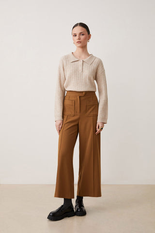 Suncoo Wide Leg Cropped Trousers Brown Jerry - MMJs Fashion