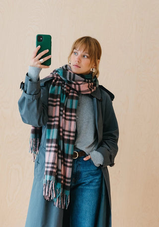 TBCo Lambswool Blanket Scarf in Green Tartan Check - MMJs Fashion