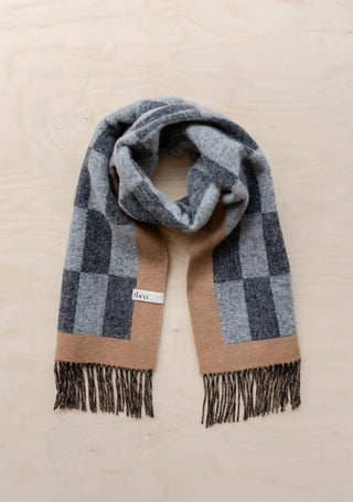 TBCo Lambswool Oversized Scarf in Checkerboard Jacquard Grey Black Beige - MMJs Fashion