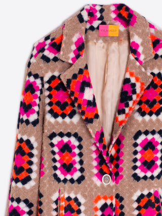 Vilagallo Beige Orange Pink Crotchet Pattern Coat - MMJs Fashion