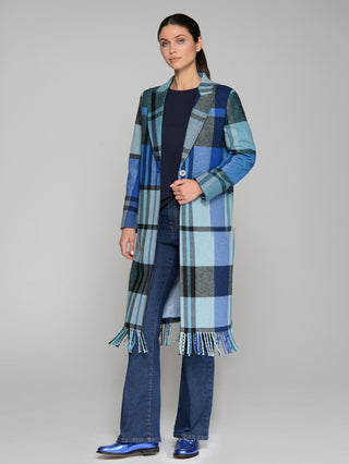 Vilagallo Blanket Check Pattern Tassel Coat Blue Katherin - MMJs Fashion