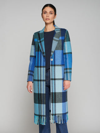 Vilagallo Blanket Check Pattern Tassel Coat Blue Katherin - MMJs Fashion