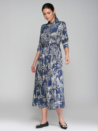 Vilagallo Blue Palm Print Midi Dress - MMJs Fashion
