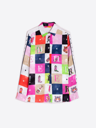 Vilagallo Cheers Print Blouse Ivory Pink Black Nadine - MMJs Fashion