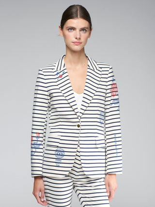 Vilagallo Embroidered Striped Jacket White Blue Heather - MMJs Fashion