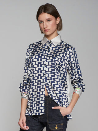 Vilagallo Geometric Print Blouse Blue Ivory Irina - MMJs Fashion