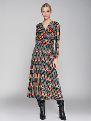 Vilagallo Geometric Print Wrap Dress Black Pink Orange Amelia - MMJs Fashion