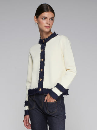 Vilagallo Gold Button Cardigan Ivory Blue Bi Colour - MMJs Fashion