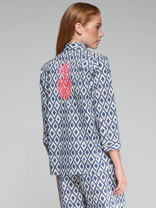 Vilagallo Ikat Embroidered Blouse Blue Poline - MMJs Fashion