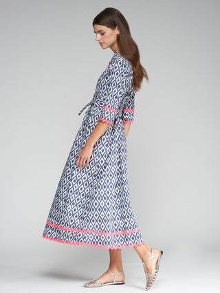 Vilagallo Ikat Print Midi Dress Blue Pink Brenda - MMJs Fashion