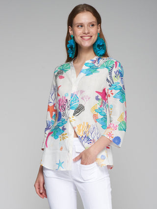 Vilagallo Marine Print Linen Blouse Ivory Multi Juliet - MMJs Fashion