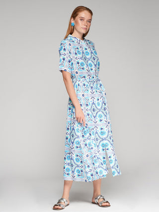 Vilagallo Print Linen Midi Dress Blue Aroa - MMJs Fashion