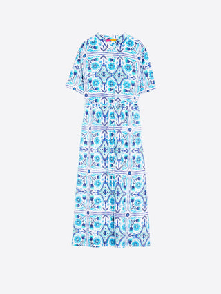 Vilagallo Print Linen Midi Dress Blue Aroa - MMJs Fashion