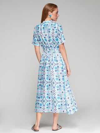 Vilagallo Print Linen Midi Dress Blue Aroa - MMJs Fashion