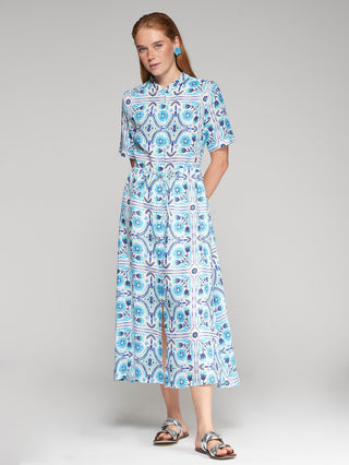 Vilagallo Print Linen Midi Dress Blue Aroa - MMJs Fashion