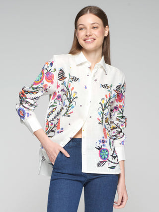 Vilagallo Tree of Life Linen Blouse Ivory Multicoloured Isa - MMJs Fashion